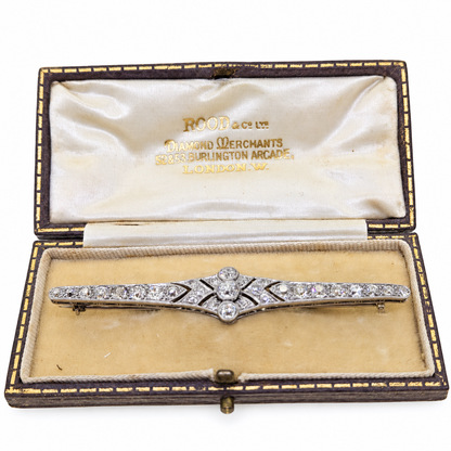 Edwardian Antique Old Cut Diamond Bar Brooch in 18ct Gold and Platinum