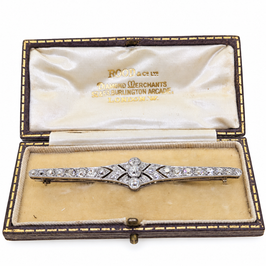 Edwardian Antique Old Cut Diamond Bar Brooch in 18ct Gold and Platinum