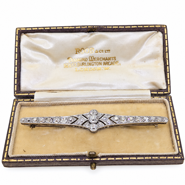 Edwardian Antique Old Cut Diamond Bar Brooch in 18ct Gold and Platinum