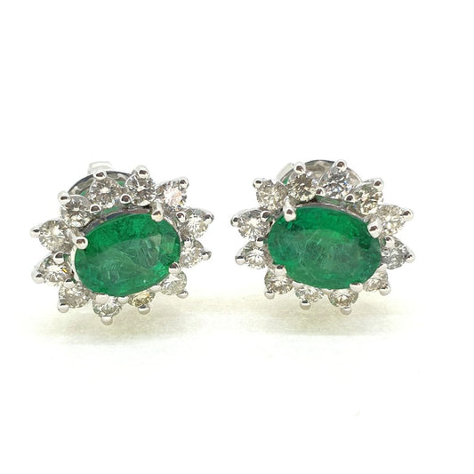 2.75ct Oval Emerald and Diamond Cluster Earrings