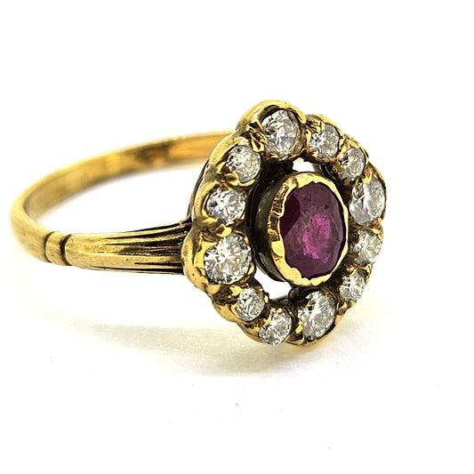 Ruby and Diamond Halo Cluster Engagement Ring in Yellow Gold
