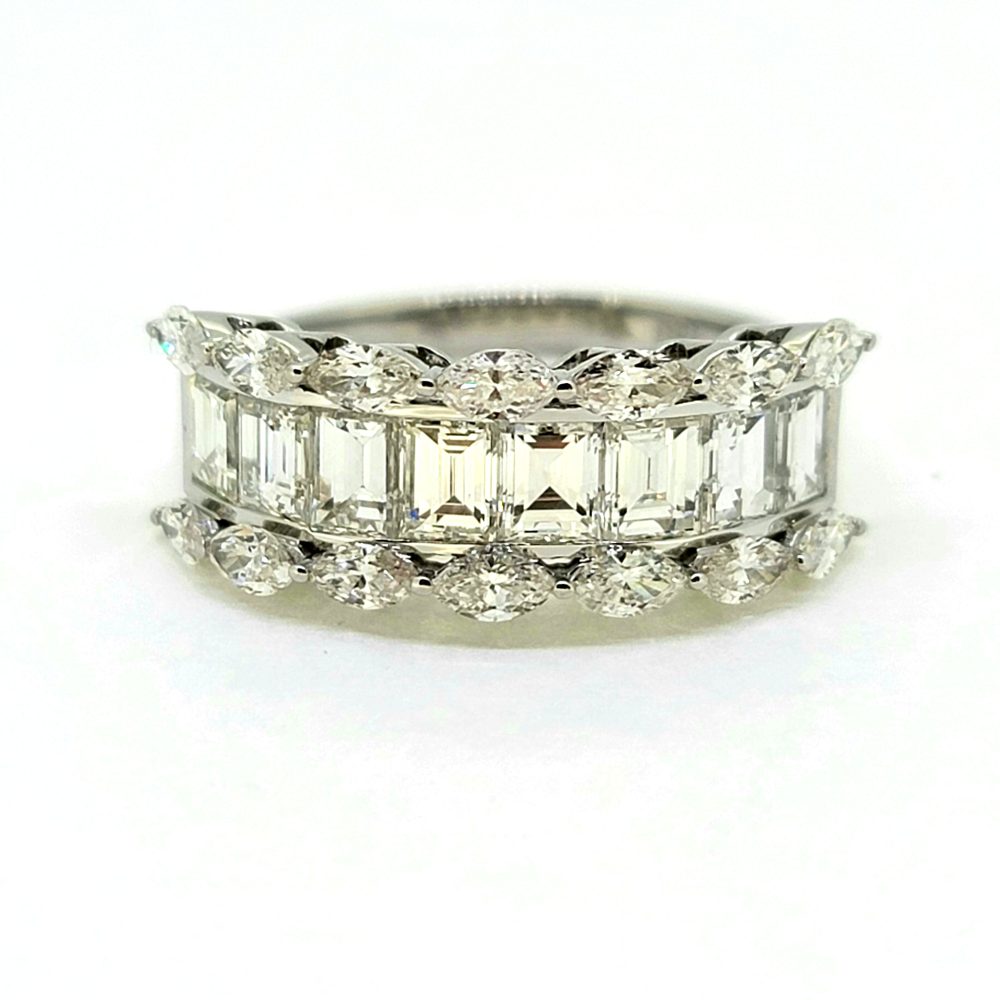 2.94ct Emerald and Marquise Diamond Bridge Cluster Half Eternity Ring in 18ct White Gold