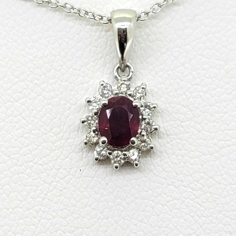 0.62ct Oval Ruby and Diamond Cluster Pendant with Chain