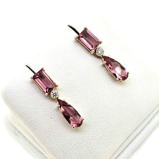 Pink Tourmaline and Diamond Drop Earrings in Rose Gold