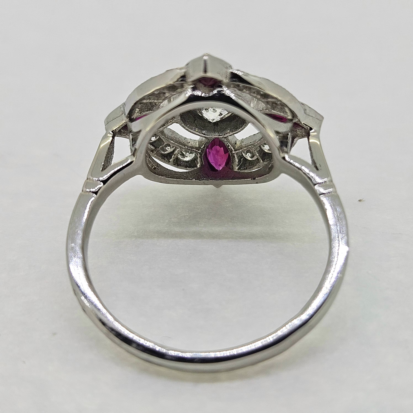 Ruby and Diamond Cluster Halo Dress Ring, Platinum Open Work