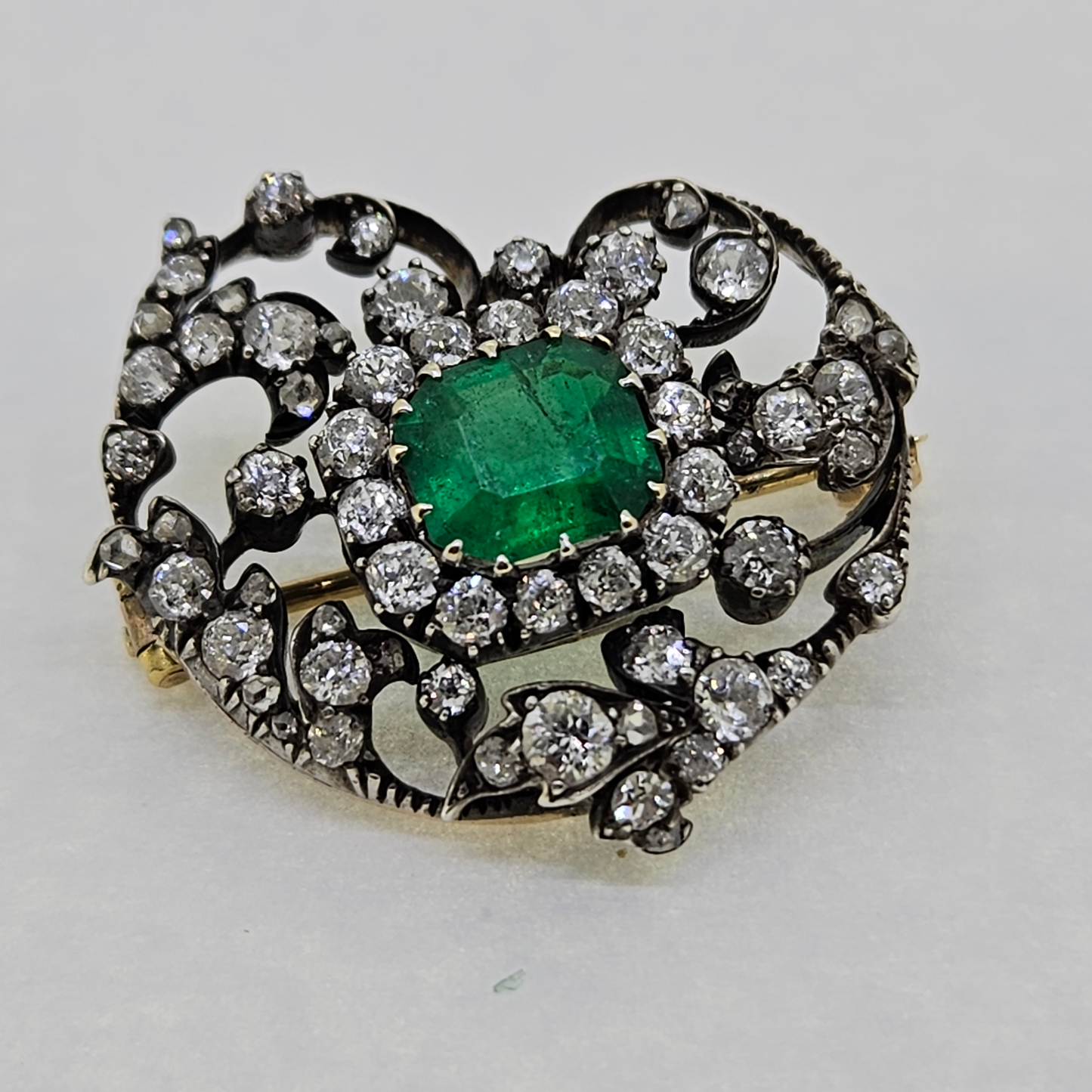 Antique Columbian Emerald and Old Cut Diamond Brooch