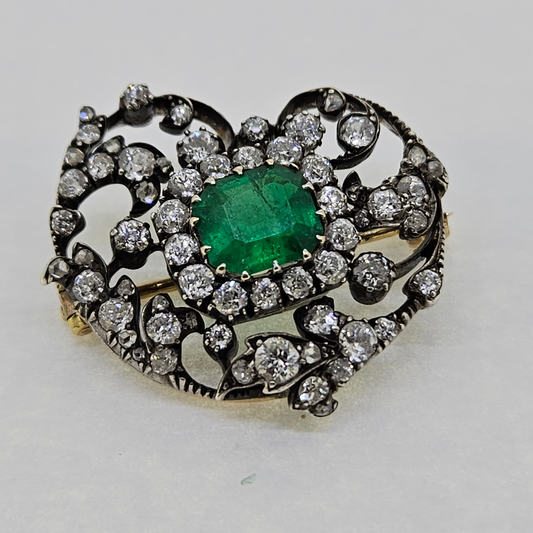 Antique Columbian Emerald and Old Cut Diamond Brooch