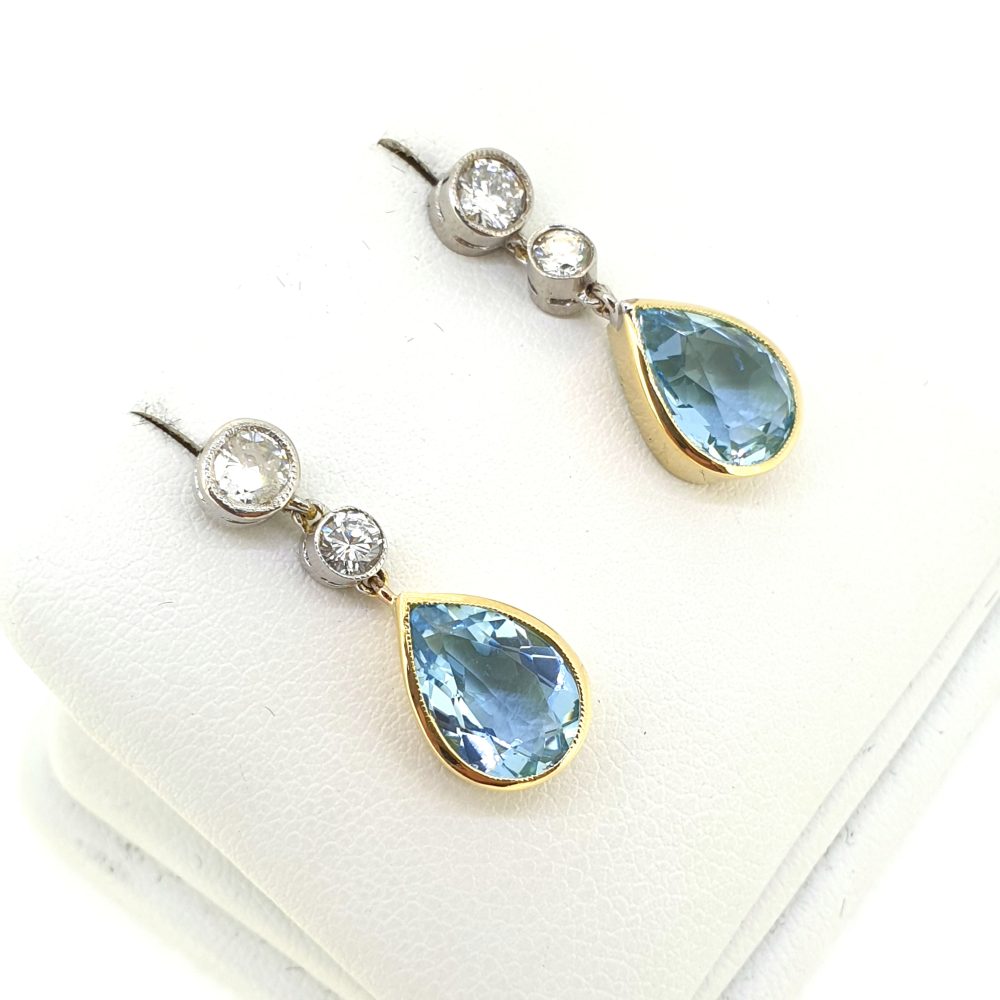 3.25ct Pear Cut Aquamarine and Diamond Drop Earrings
