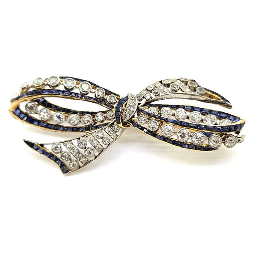 Antique 5ct Diamond and Sapphire Bow Brooch
