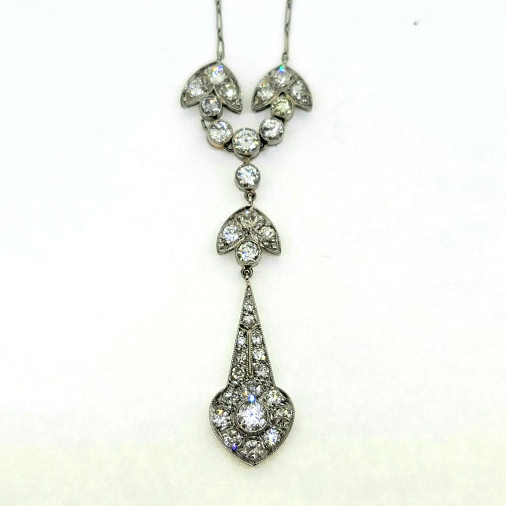 Fine Antique Diamond Cluster and Platinum Pendant Necklace