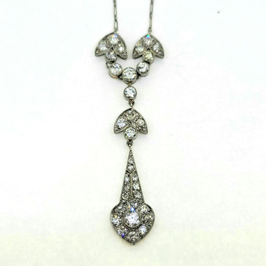 Fine Antique Diamond Cluster and Platinum Pendant Necklace