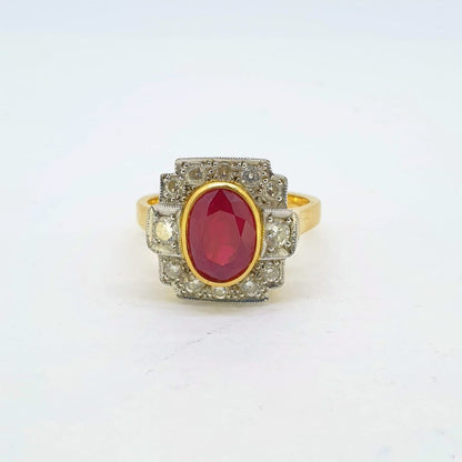 Art Deco Inspired 2ct Natural Ruby and Diamond Cluster Dress Ring
