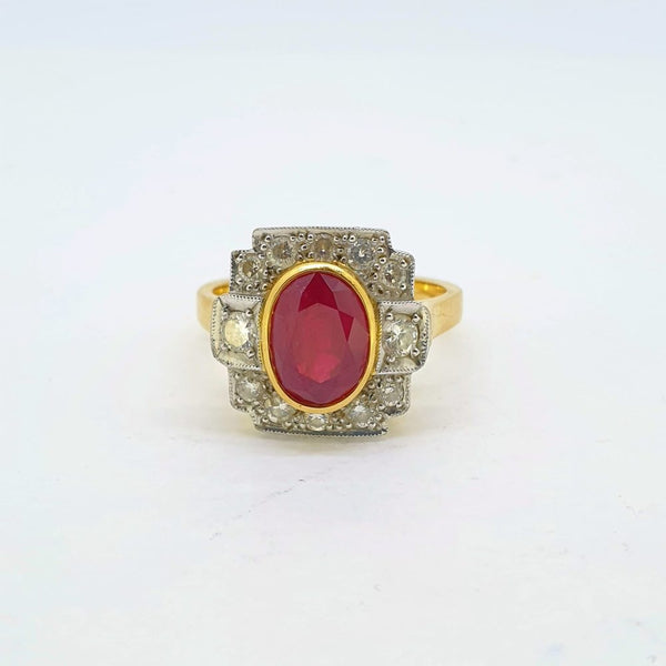 Art Deco Inspired 2ct Natural Ruby and Diamond Cluster Dress Ring