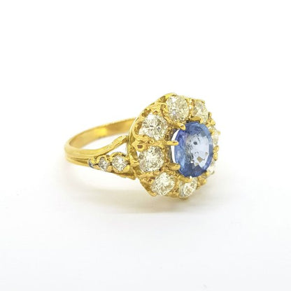 Sapphire and Old Cut Diamond Cluster Ring in 18ct Yellow Gold, 1.30 carats