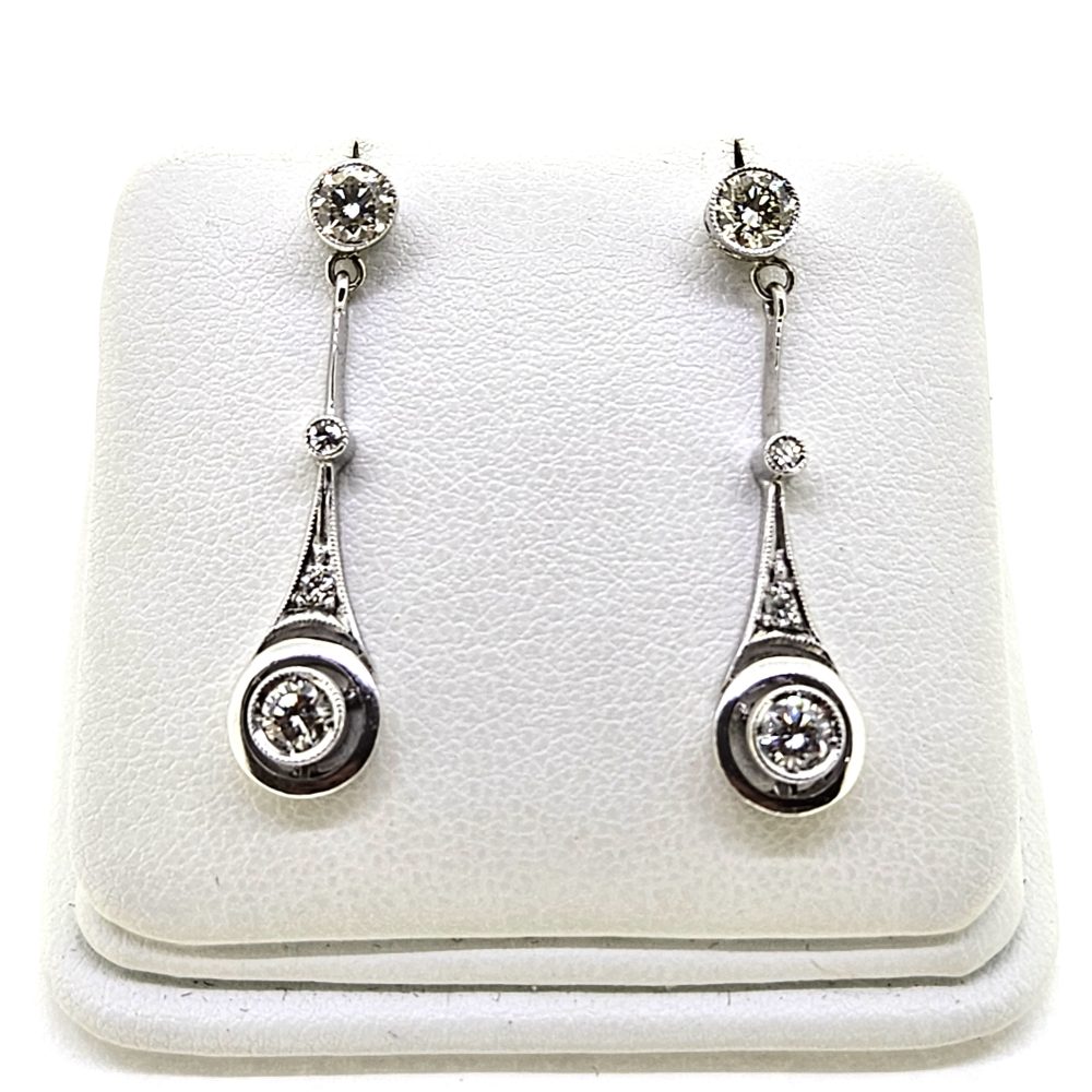 Antique 1ct Diamond Drop Earrings in 18ct White Gold