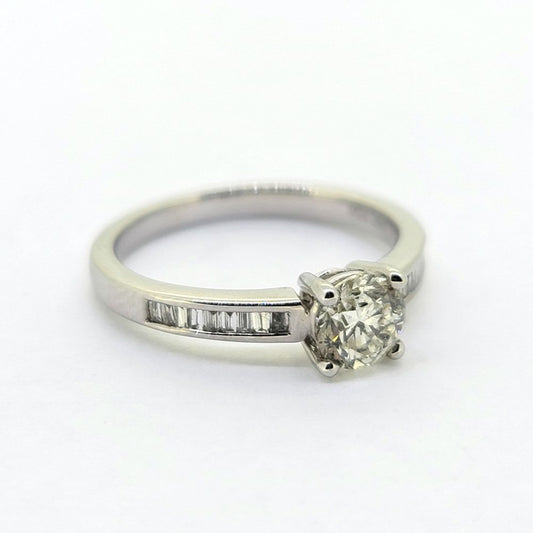 0.85ct Diamond Solitaire Engagement Ring with Baguette Diamond Shoulders in 18ct White Gold