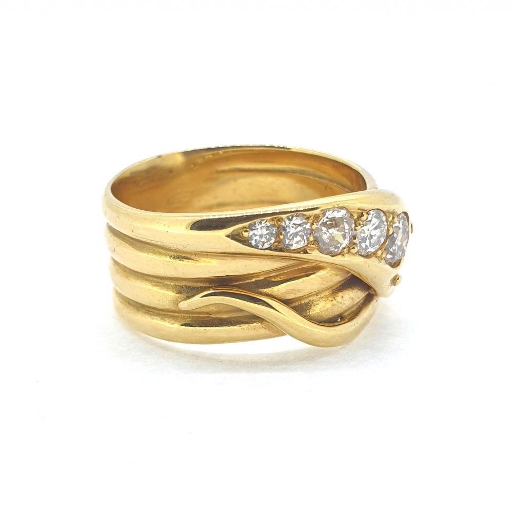 18ct Yellow Gold Coiled Serpent Band Ring Diamond Head