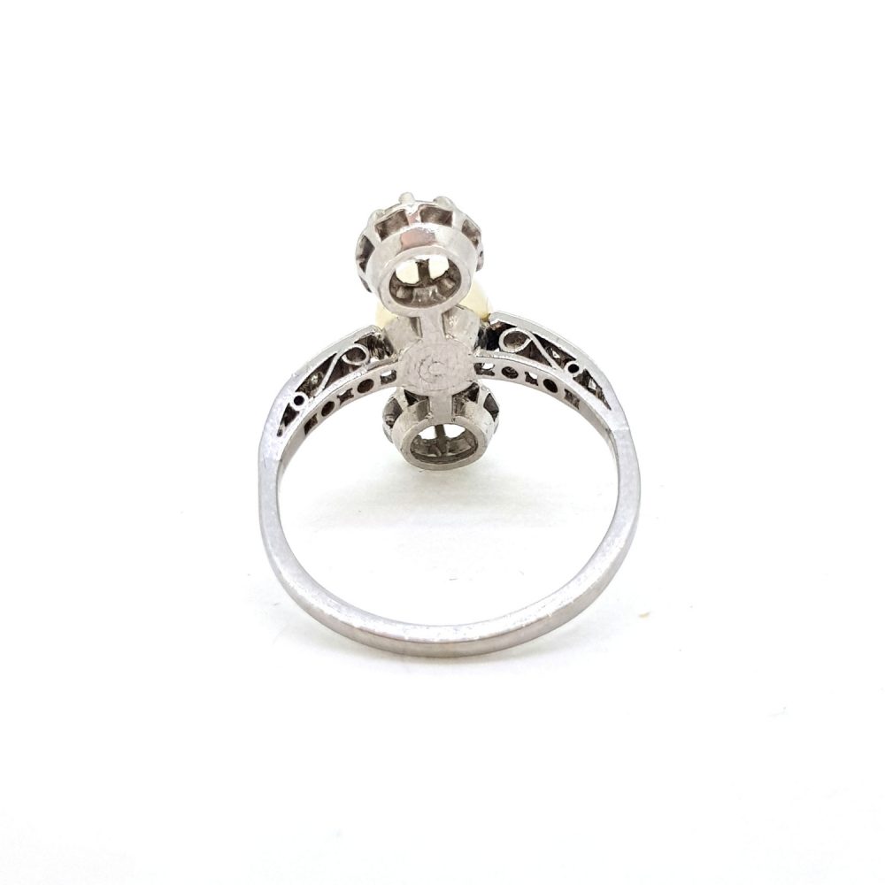 Art Deco Natural Pearl and Diamond Three Stone Ring in Platinum