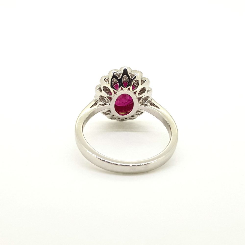 1.77ct Ruby and Diamond Oval Floral Cluster Ring in 18ct White Gold