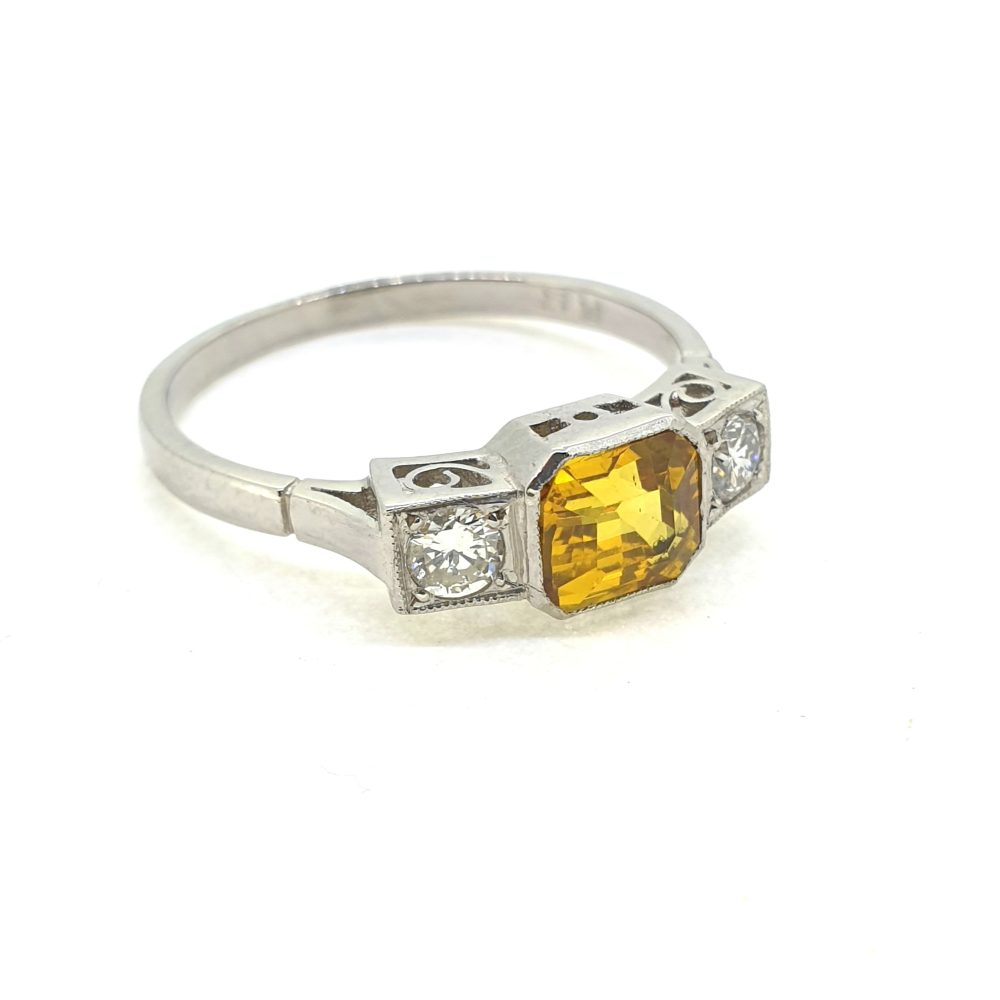 1.40ct Emerald Cut Yellow Sapphire and Diamond Three Stone Engagement Ring in Platinum