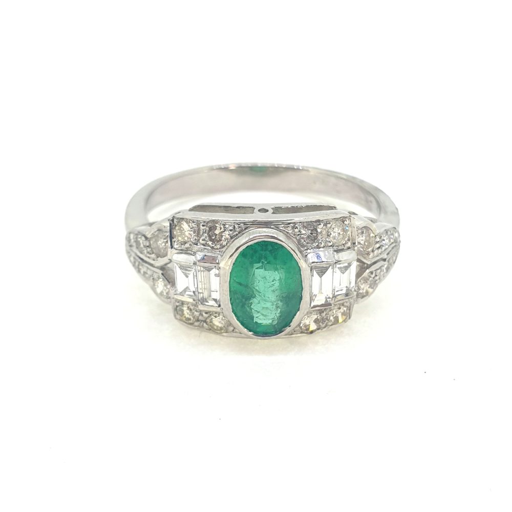 0.75ct Oval Emerald and Diamond Cluster Dress Ring in Platinum