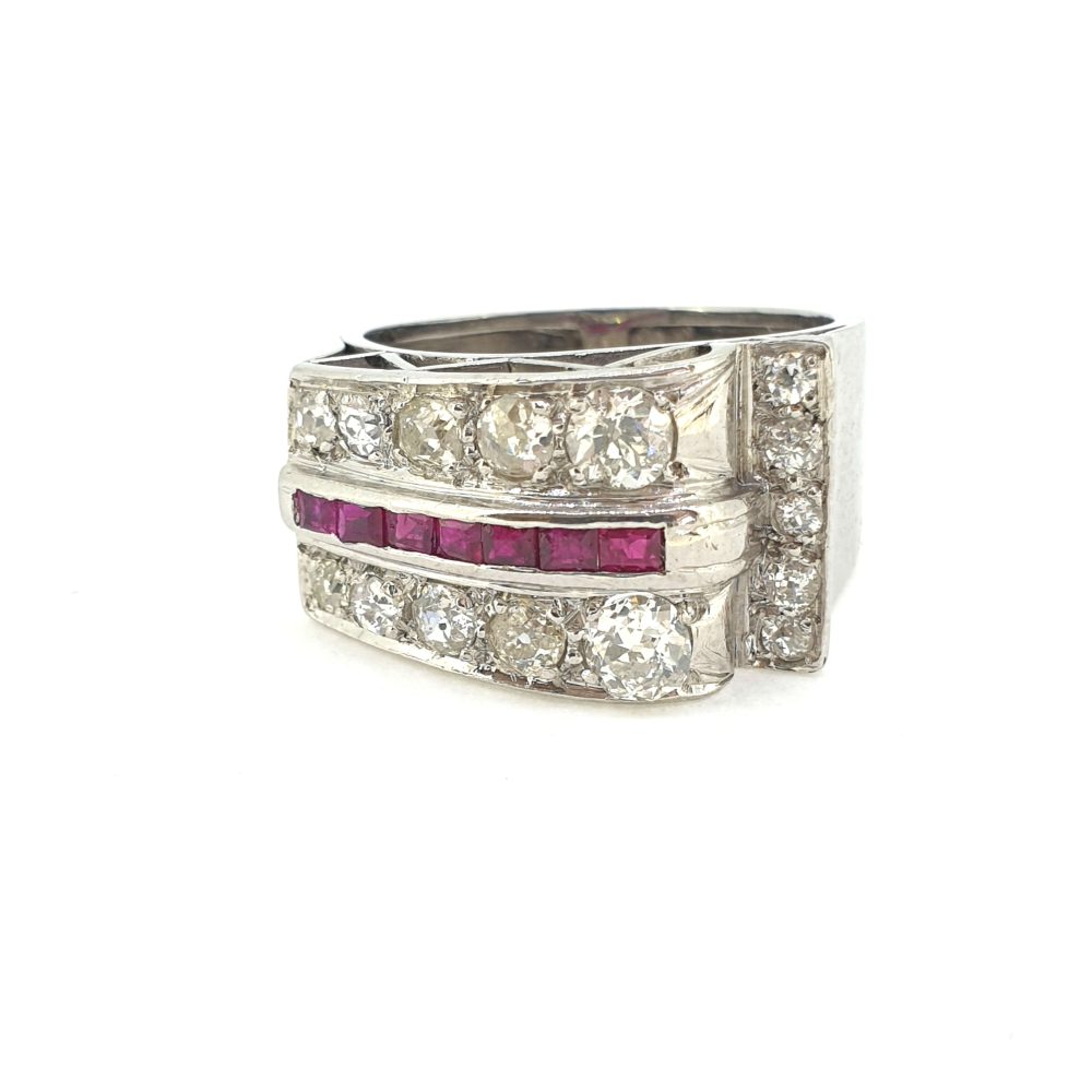 Vintage 1940s Retro Ruby and Old Cut Diamond Cluster Dress Ring in Platinum