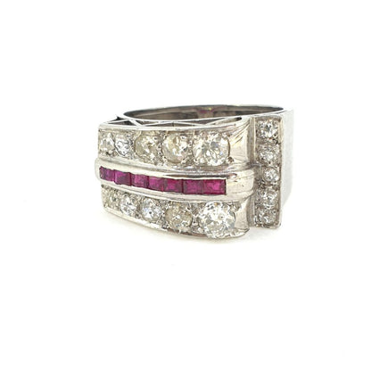 Vintage 1940s Retro Ruby and Old Cut Diamond Cluster Dress Ring in Platinum
