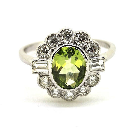 1.20ct Oval Peridot and Diamond Cluster Floral Cluster Ring in Platinum