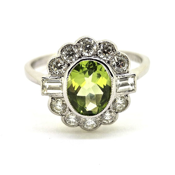 1.20ct Oval Peridot and Diamond Cluster Floral Cluster Ring in Platinum