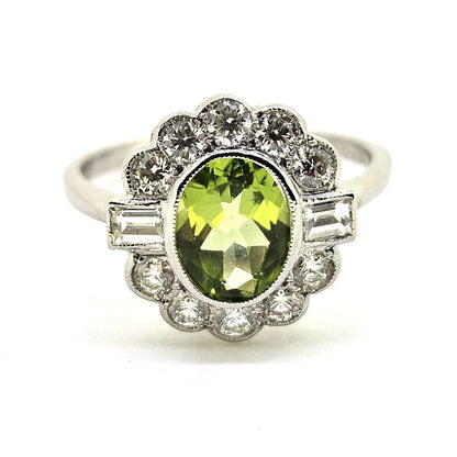 1.20ct Oval Peridot and Diamond Cluster Floral Cluster Ring in Platinum