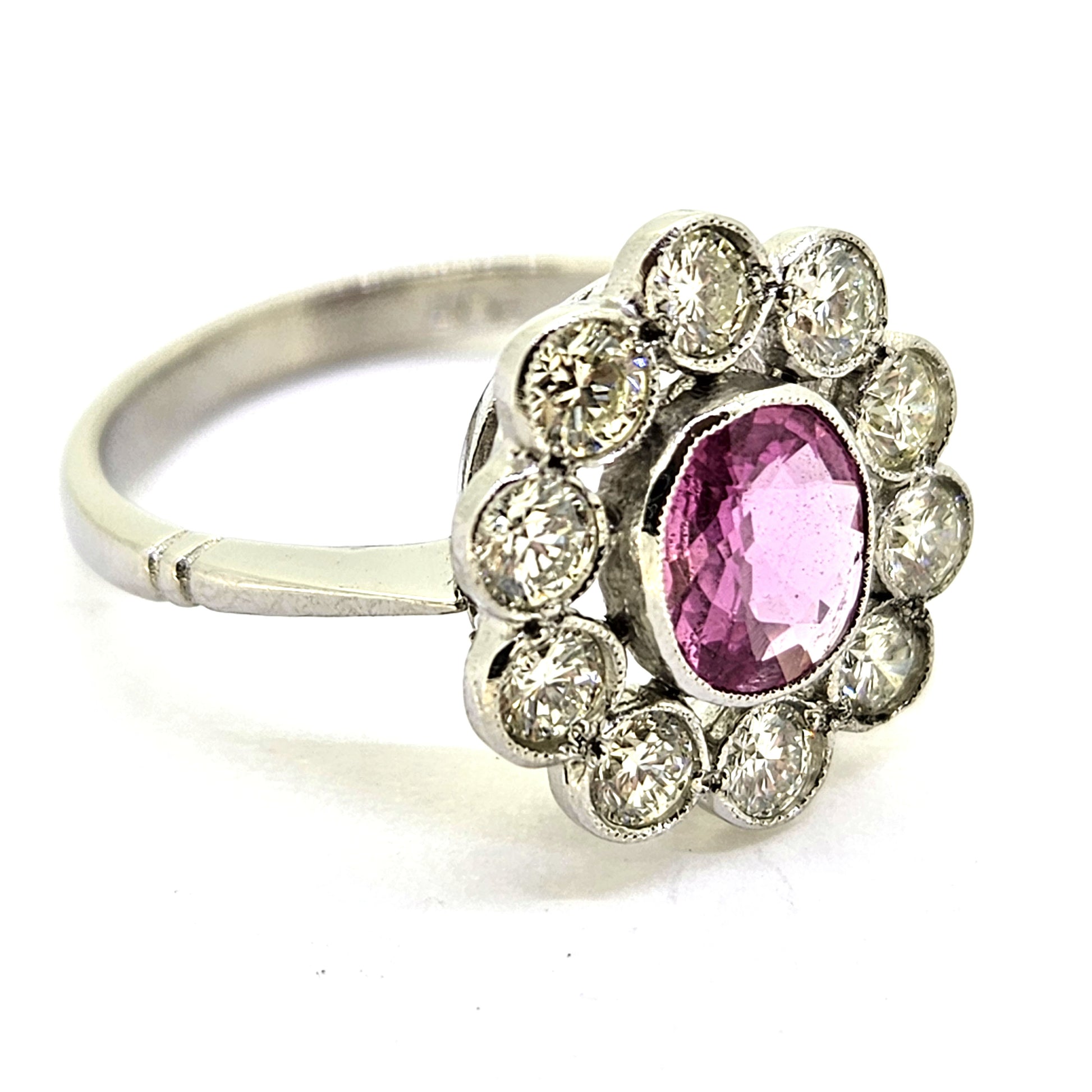 1ct Pink Sapphire and Diamond Daisy Flower Cluster Engagement Ring in Platinum