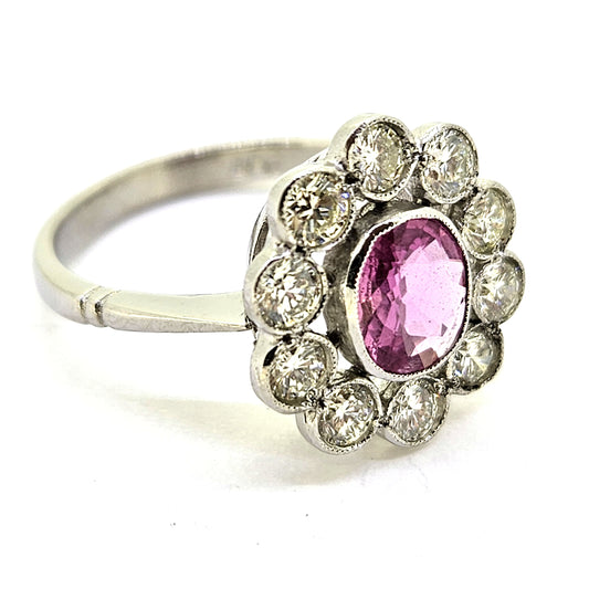 1ct Pink Sapphire and Diamond Daisy Flower Cluster Engagement Ring in Platinum