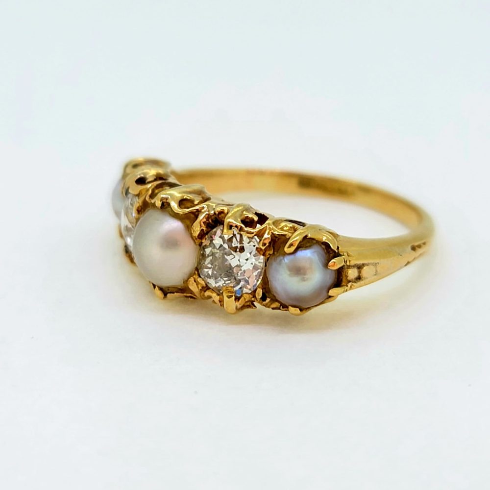 Victorian Antique Pearl and Old Cut Diamond Five Stone Ring in 18ct Yellow Gold