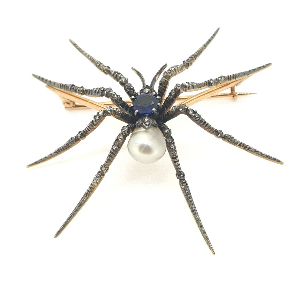Antique Victorian Sapphire and Natural Pearl Spider Brooch