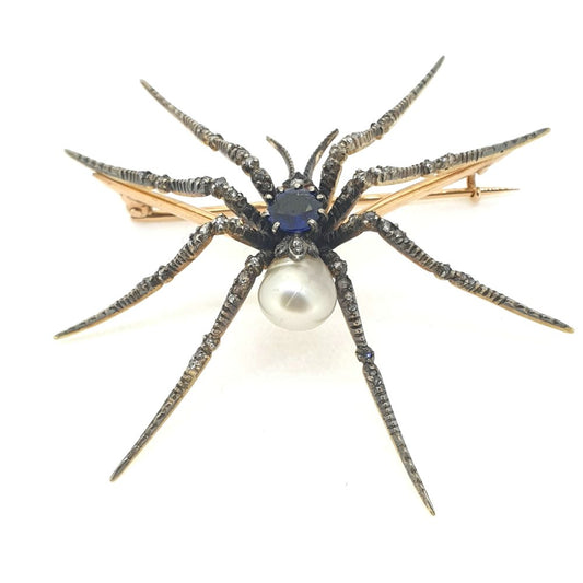 Antique Victorian Sapphire and Natural Pearl Spider Brooch