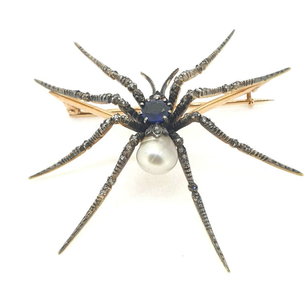 Antique Victorian Sapphire and Natural Pearl Spider Brooch