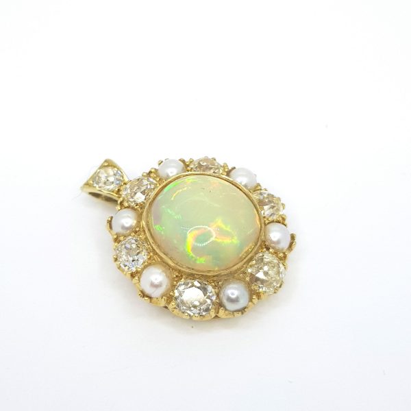 Antique Victorian Opal, Pearl and Old Cut Diamond Cluster Pendant in 18ct Yellow Gold