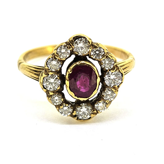Ruby and Diamond Halo Cluster Engagement Ring in Yellow Gold