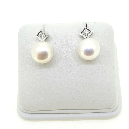 Freshwater Pearl and Diamond Drop Earrings