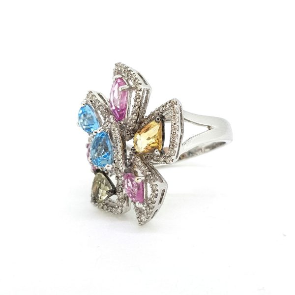 Abstract Multi Coloured Topaz and Diamond Cocktail Ring