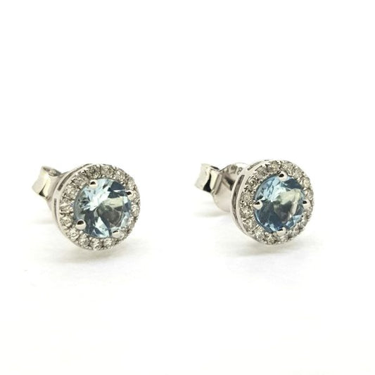 Aquamarine and Diamond Cluster Stud Earrings; central 0.85ct aquamarines within 0.17cts diamond borders, in 18ct white gold