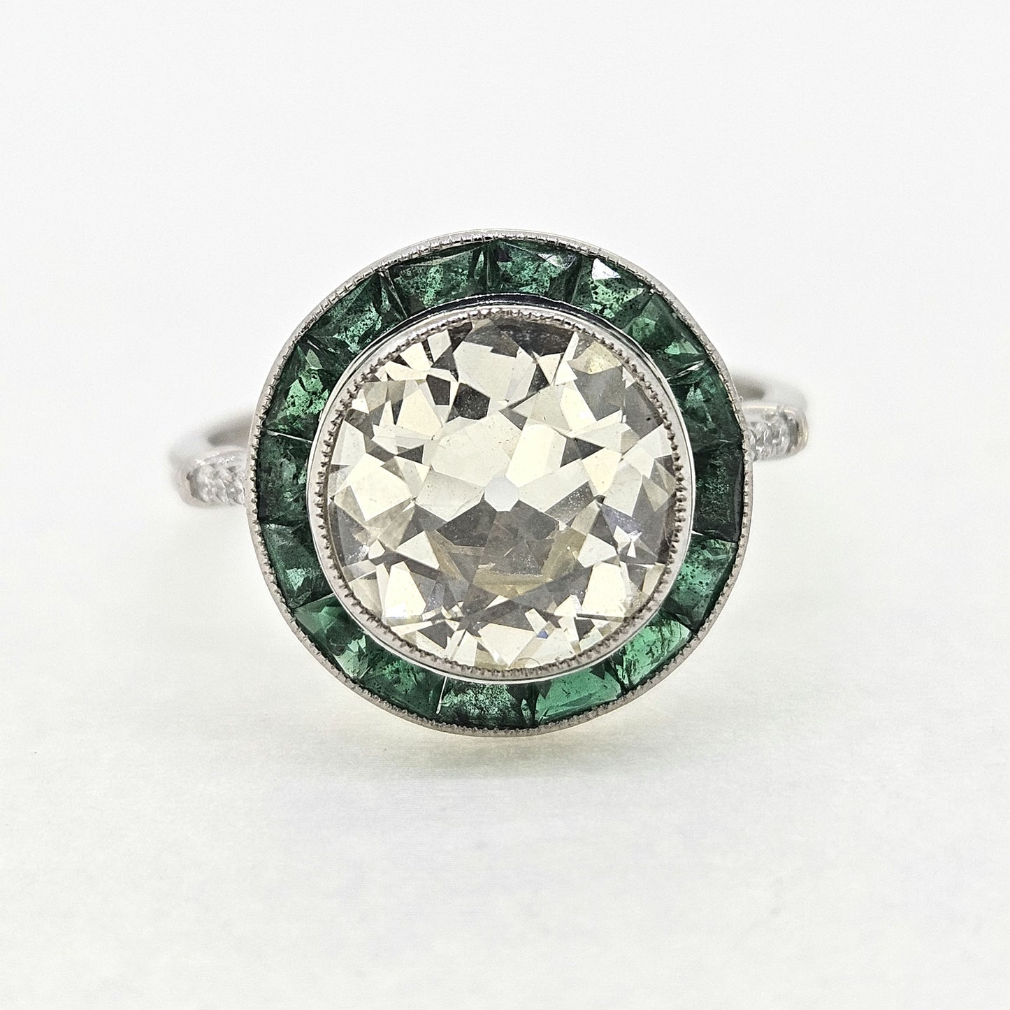 3.30ct Old Cut Diamond and Emerald Halo Cluster Engagement Ring