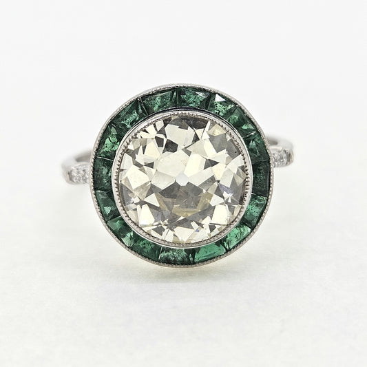 3.30ct Old Cut Diamond and Emerald Halo Cluster Engagement Ring