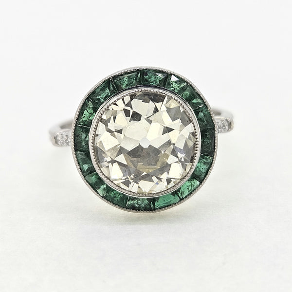 3.30ct Old Cut Diamond and Emerald Halo Cluster Engagement Ring