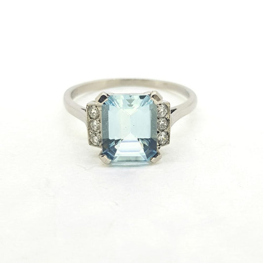 2ct Emerald Cut Aquamarine and Diamond Dress Ring