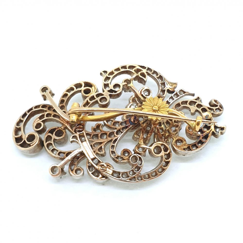 Antique Old Cut Floral Swirl Spray Diamond Brooch 4 carats