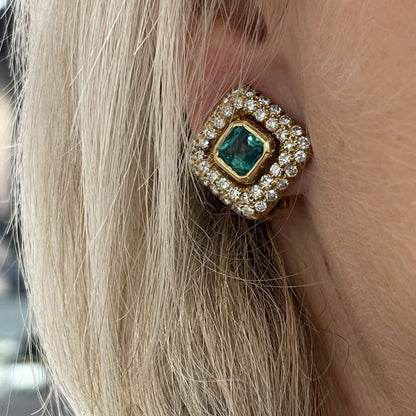 Certified 1.60ct Natural Colombian Emerald and Diamond Cluster Clip Earrings