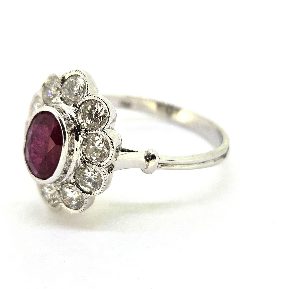 1.30ct Oval Ruby and Diamond Floral Cluster Engagement Ring