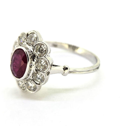 1.30ct Oval Ruby and Diamond Floral Cluster Engagement Ring