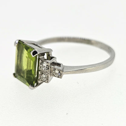 Art Deco Style Platinum Peridot 2.30 Carats and Diamond 0.12 Carat Ring
